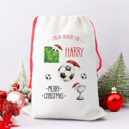 Personalised Christmas Santa Gift Sack – Football Design with Pitch, Trophy & Ball – Custom Name Christmas Sack for Kids