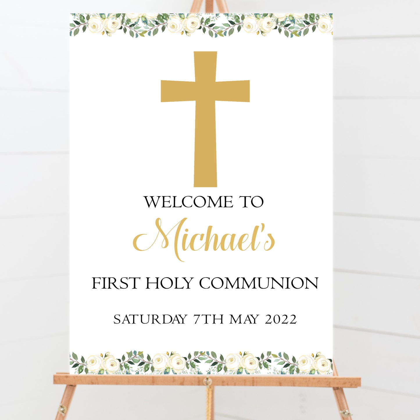 Personalised First Holy Communion Party Welcome Sign Gold Floral Cross