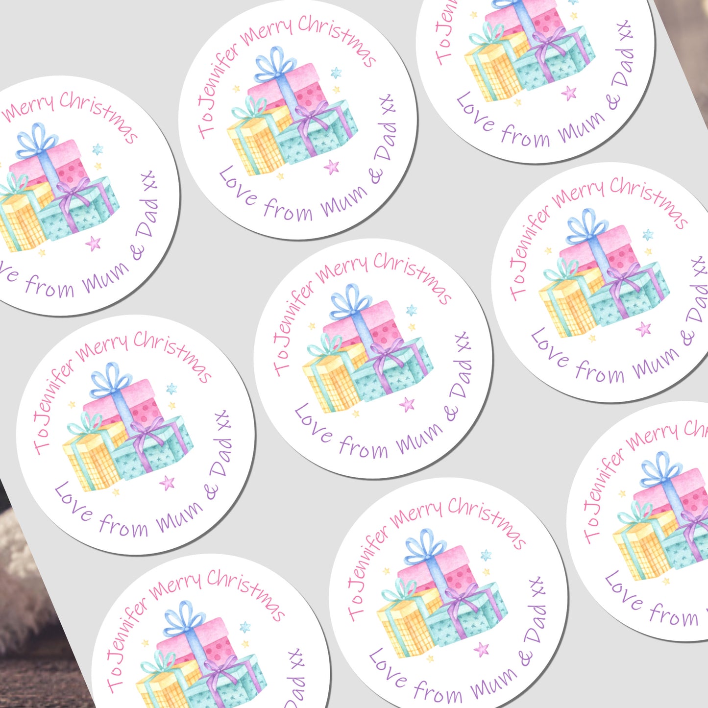 Santa present labels with kids’ names, personalised Christmas stickers