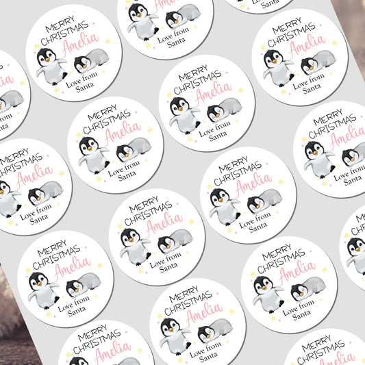 Christmas Stickers for Children's Gift Wrapping, Personalised With Name Penguin