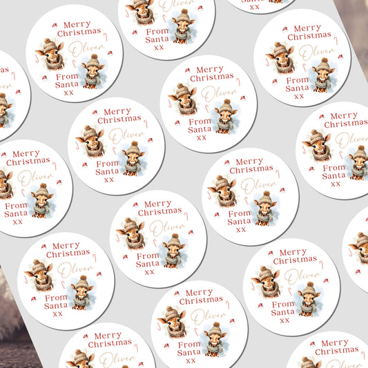 Multiple 'Merry Christmas' stickers with a reindeer design on a white background