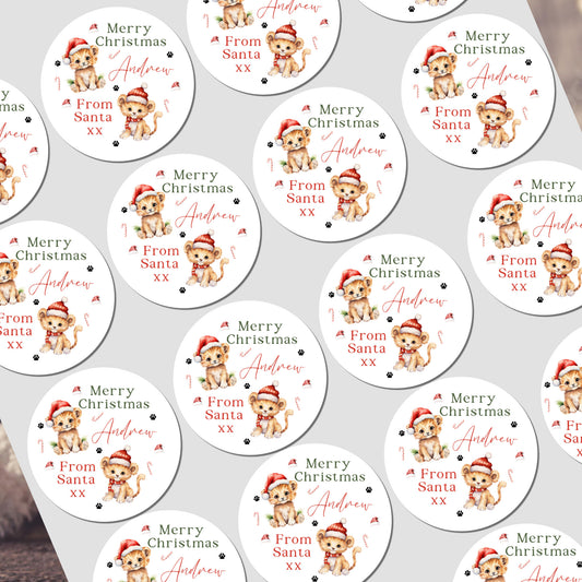 Christmas Stickers for Children's Gift Wrapping, Personalised With Name - Lion Cub
