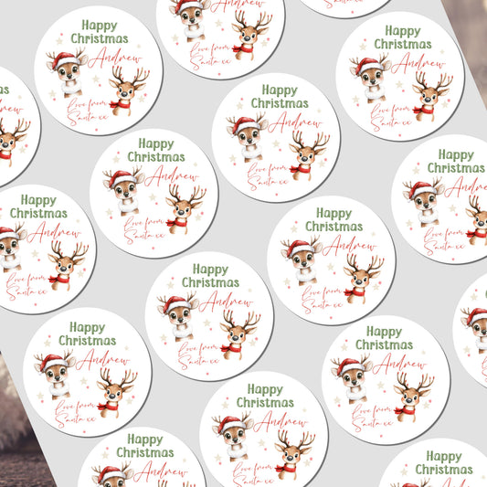 Circular Christmas stickers with reindeer and text on a white background