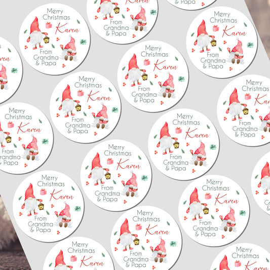 Collection of personalized Christmas stickers with gnomes and text on a white background
