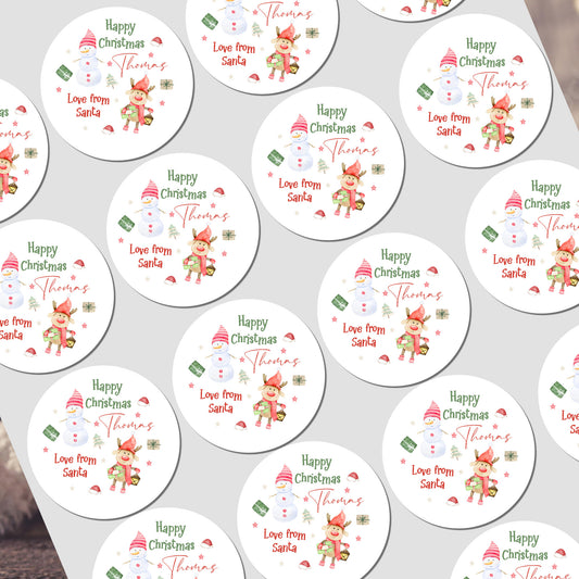 Circular Christmas-themed labels with elves and text on a white background