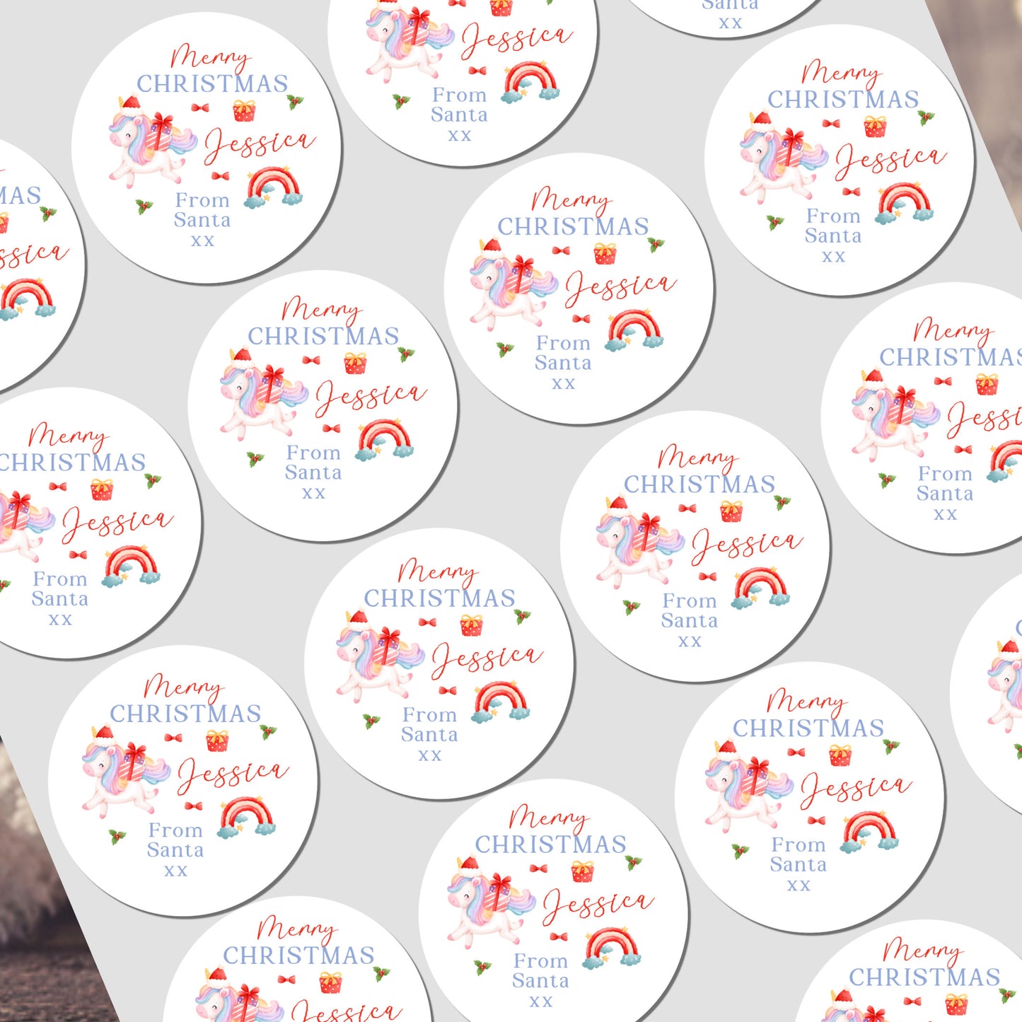 Personalized Christmas stickers with festive designs on a white background
