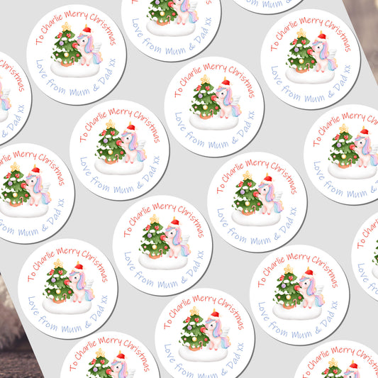Personalized Christmas stickers with unicorn and tree design on a white background