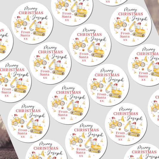 Personalized Christmas stickers with construction theme and text on a white background