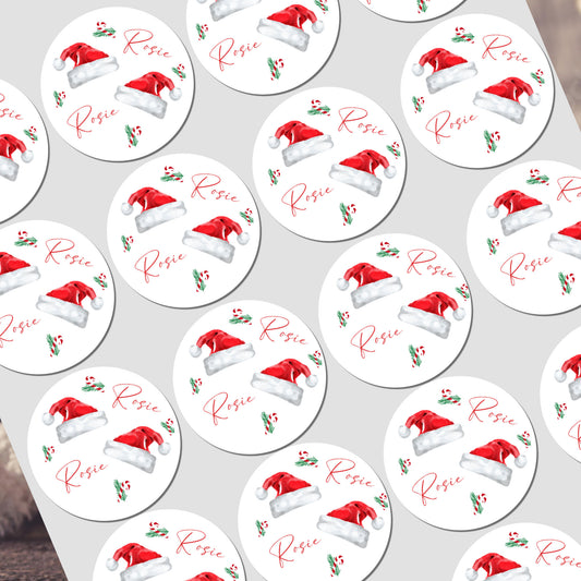 Christmas Stickers for Children's Gift Wrapping, Personalised With Name - Santa Hat