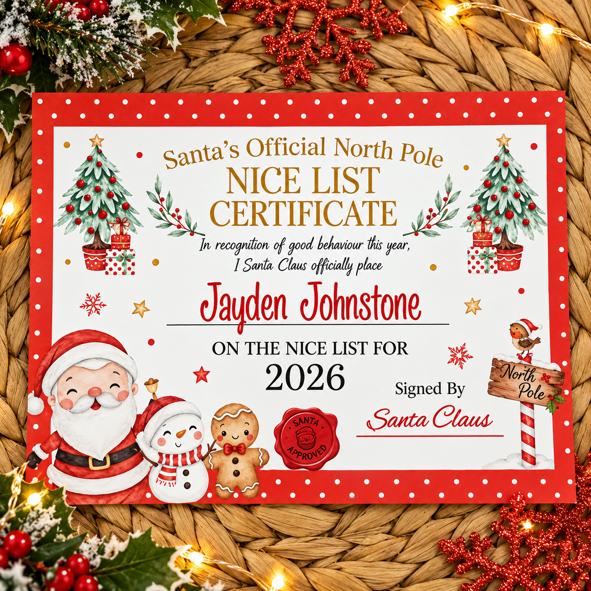 Personalised Santa Nice List Certificate Christmas Eve Box Filler