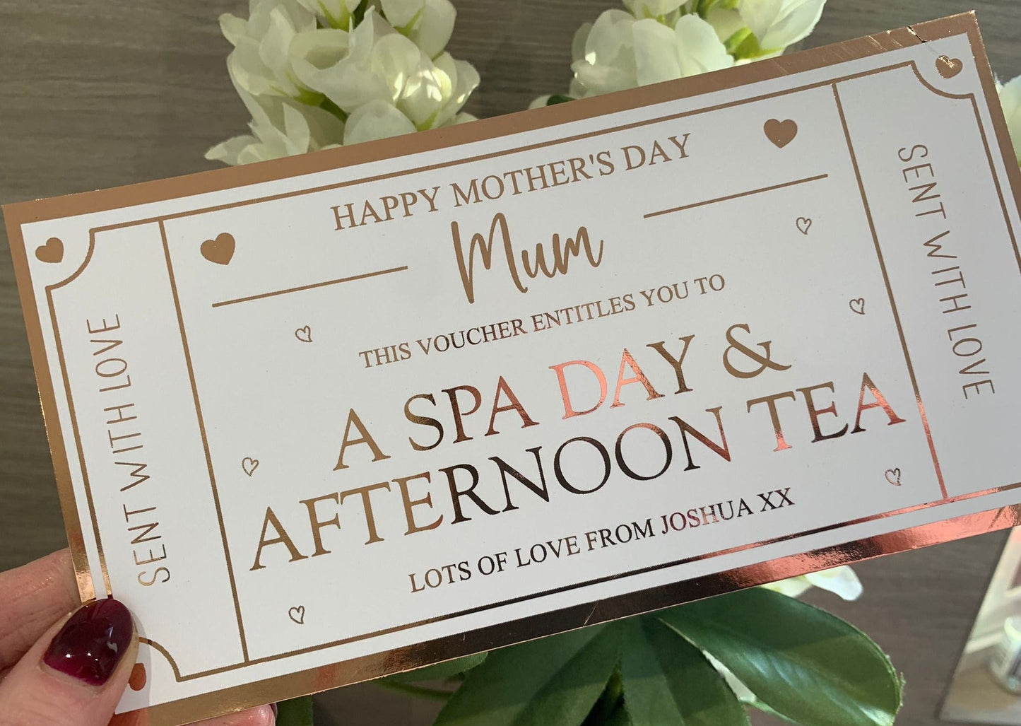 Personalised Mother's Day Card Foil Voucher, Spa Day, Afternoon Tea