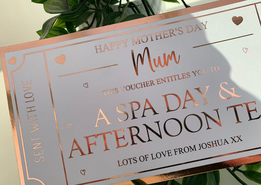 Personalised Mother's Day Card Foil Voucher, Spa Day, Afternoon Tea