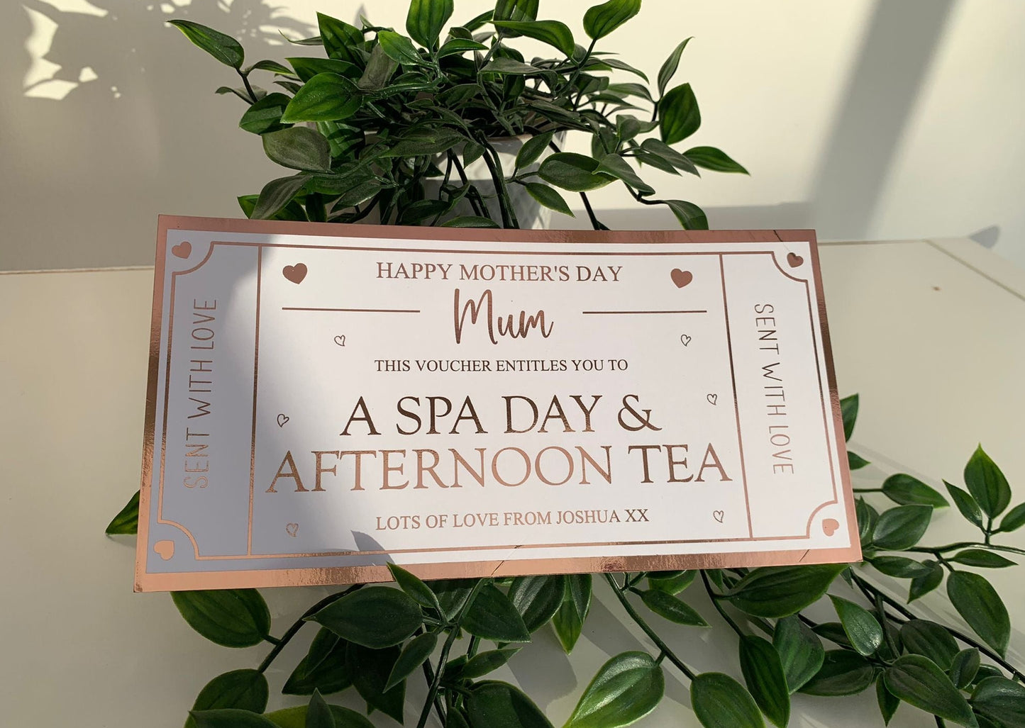 Personalised Mother's Day Card Foil Voucher, Spa Day, Afternoon Tea