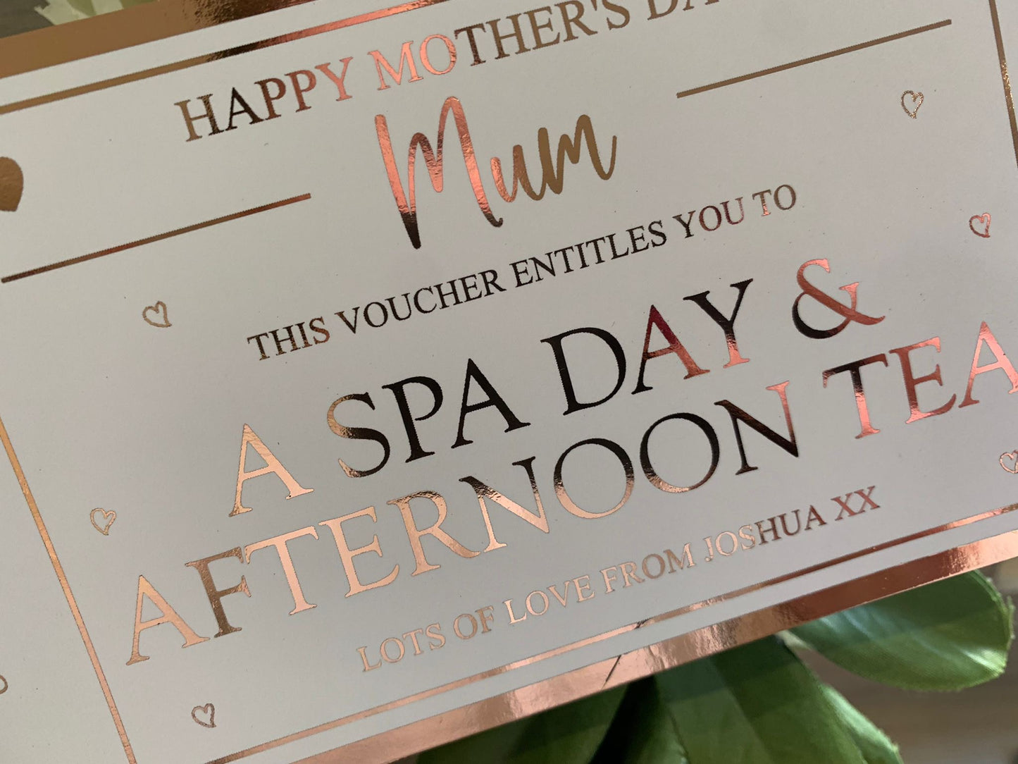 Personalised Mother's Day Card Foil Voucher, Spa Day, Afternoon Tea
