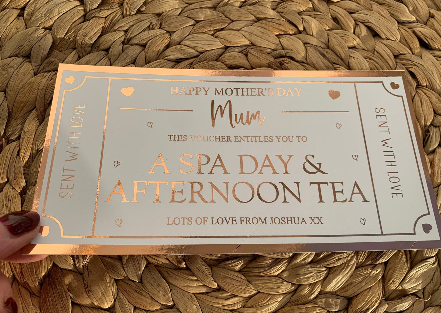 Personalised Mother's Day Card Foil Voucher, Spa Day, Afternoon Tea