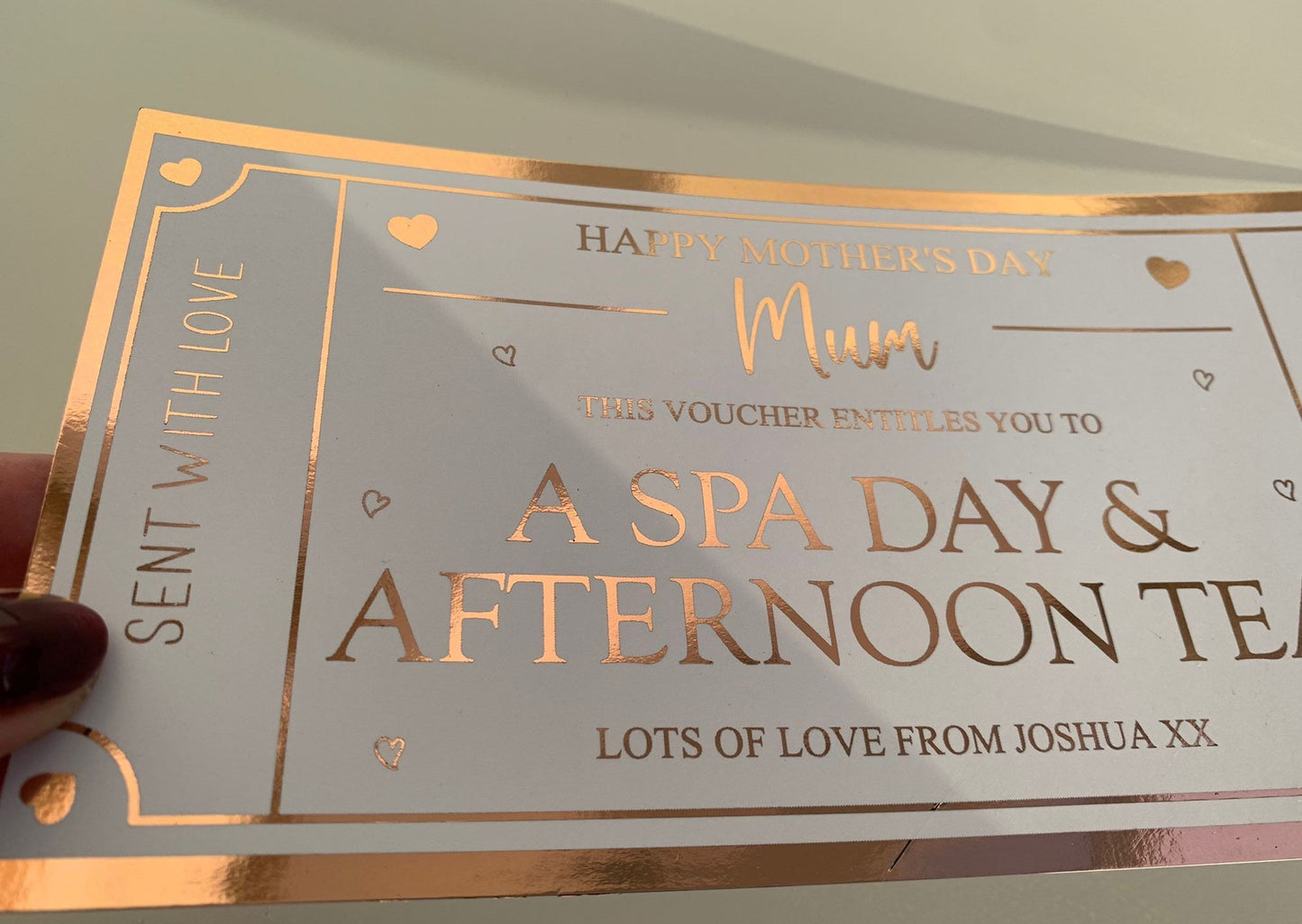 Personalised Mother's Day Card Foil Voucher, Spa Day, Afternoon Tea