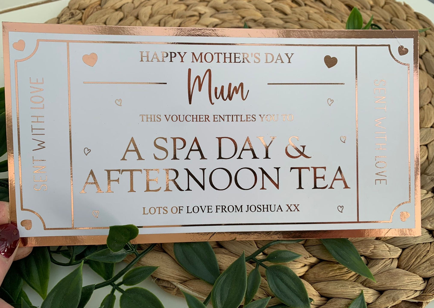 Personalised Mother's Day Card Foil Voucher, Spa Day, Afternoon Tea
