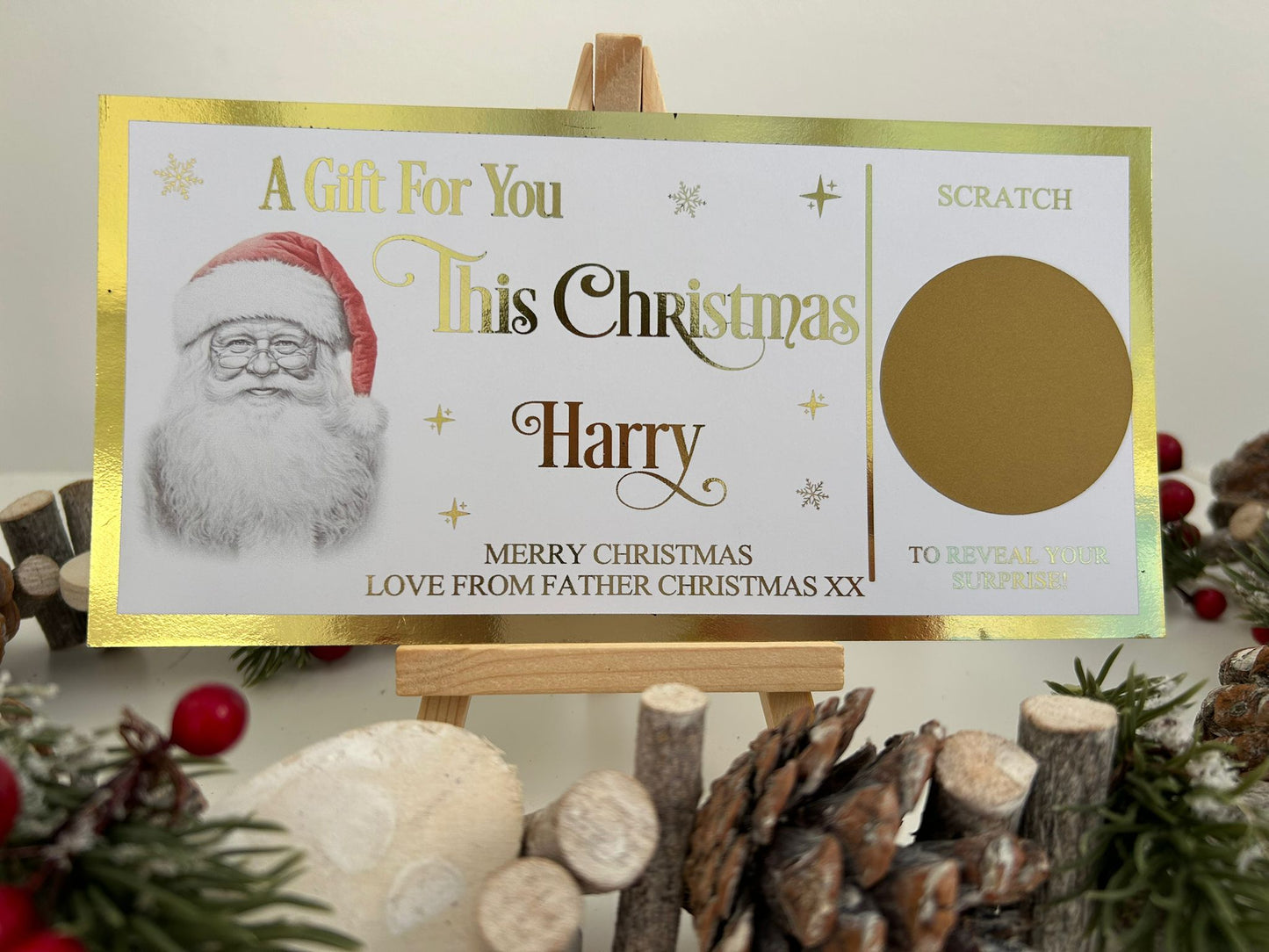 Personalised Foil Christmas Card, Surprise Reveal Scratch Off Ticket, Custom Holiday Greeting with Scratch-to-Reveal Message