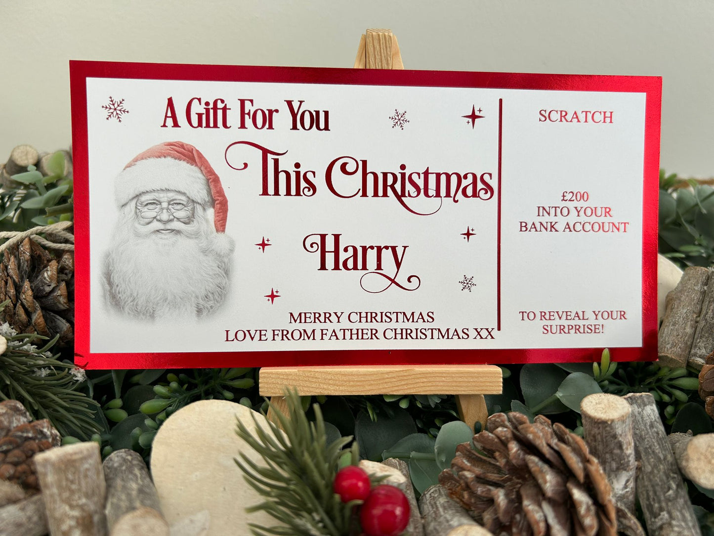 Personalised Foil Christmas Card, Surprise Reveal Scratch Off Ticket, Custom Holiday Greeting with Scratch-to-Reveal Message