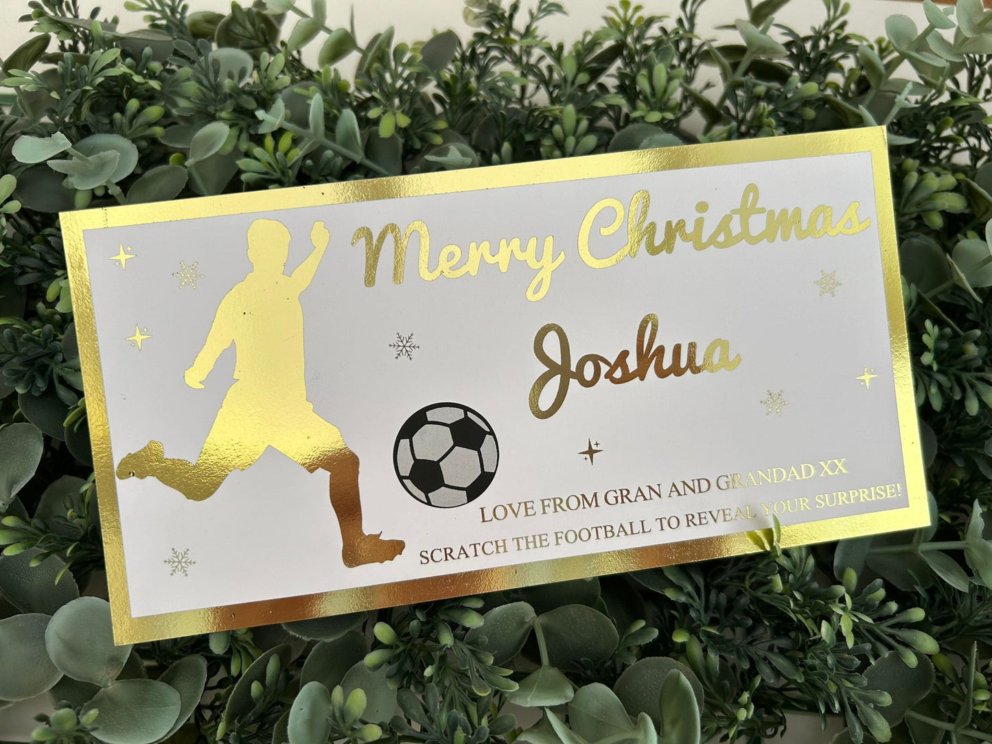 Personalised Foil Christmas Card, Football Surprise Reveal Scratch Off Ticket, Custom Holiday Greeting with Scratch-to-Reveal Message