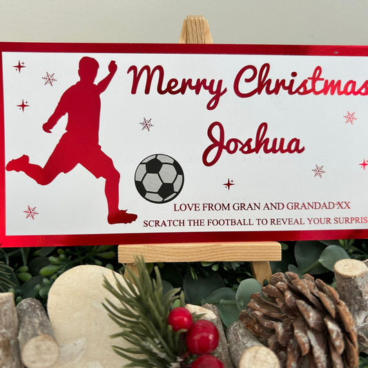 Personalised Foil Christmas Card, Football Surprise Reveal Scratch Off Ticket, Custom Holiday Greeting with Scratch-to-Reveal Message