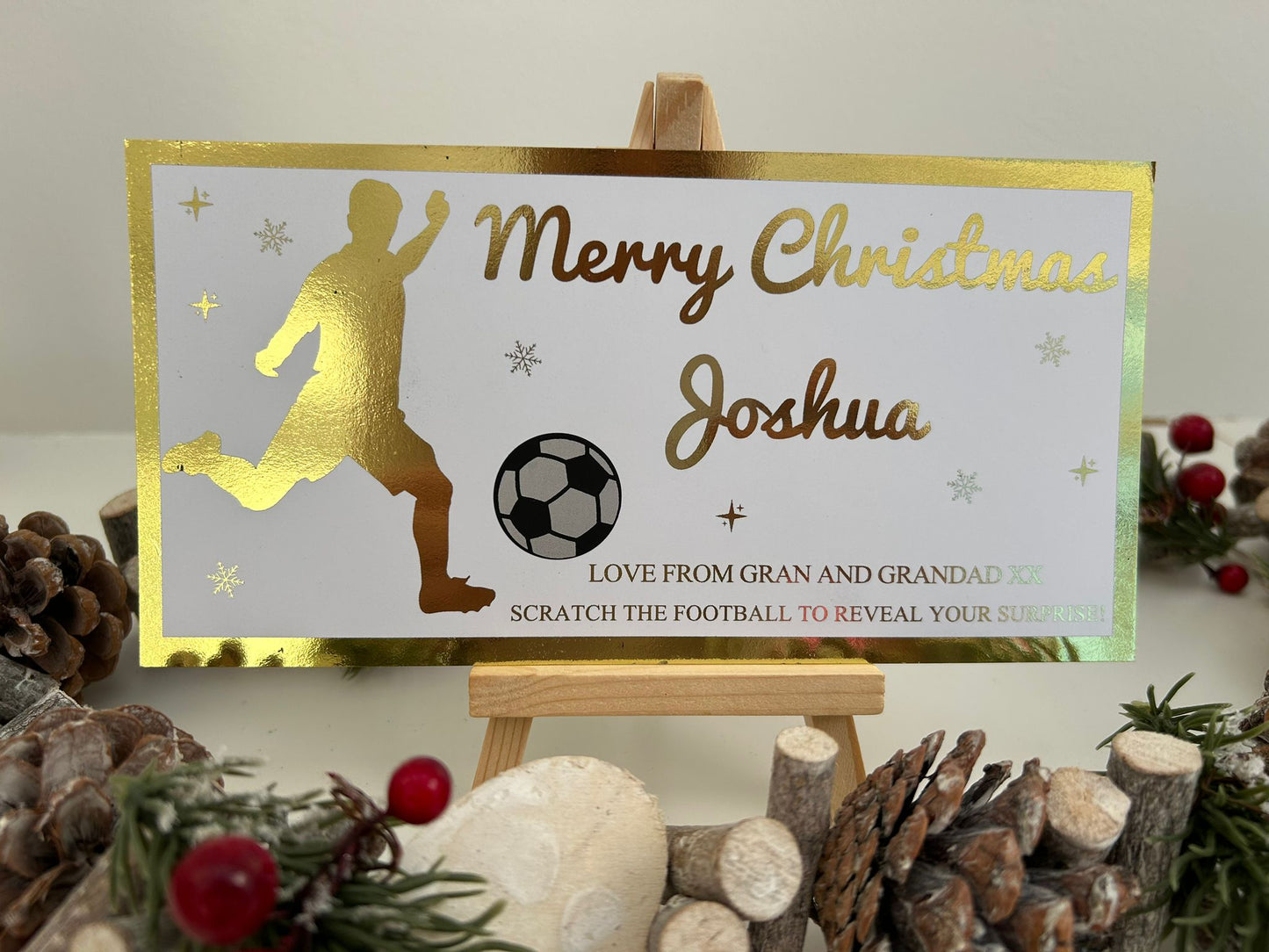 Personalised Foil Christmas Card, Football Surprise Reveal Scratch Off Ticket, Custom Holiday Greeting with Scratch-to-Reveal Message