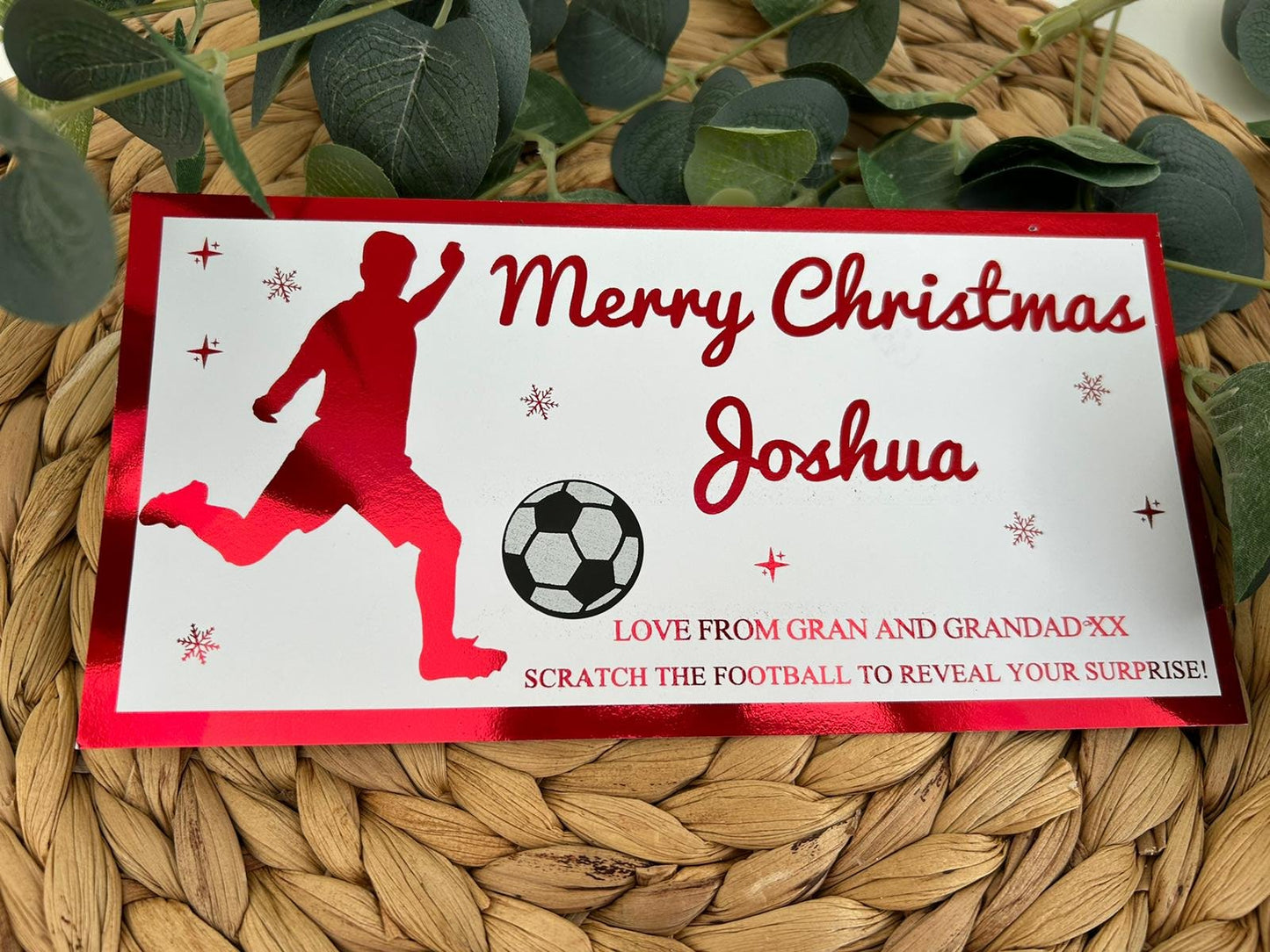 Personalised Foil Christmas Card, Football Surprise Reveal Scratch Off Ticket, Custom Holiday Greeting with Scratch-to-Reveal Message