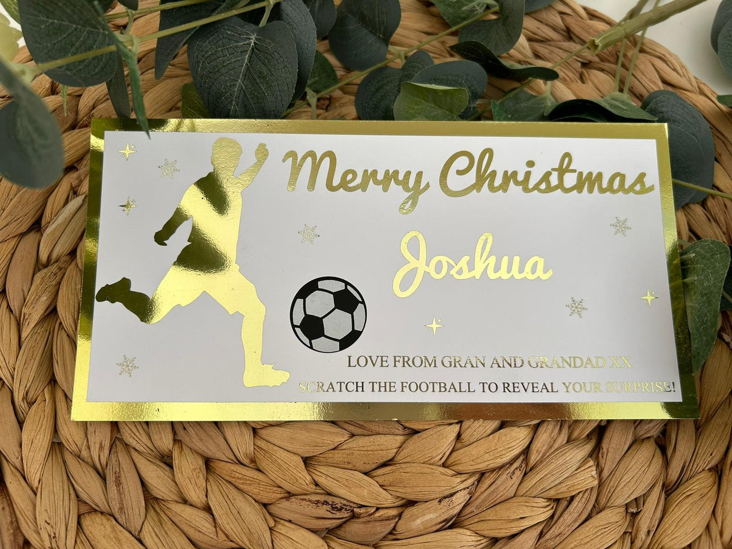 Personalised Foil Christmas Card, Football Surprise Reveal Scratch Off Ticket, Custom Holiday Greeting with Scratch-to-Reveal Message
