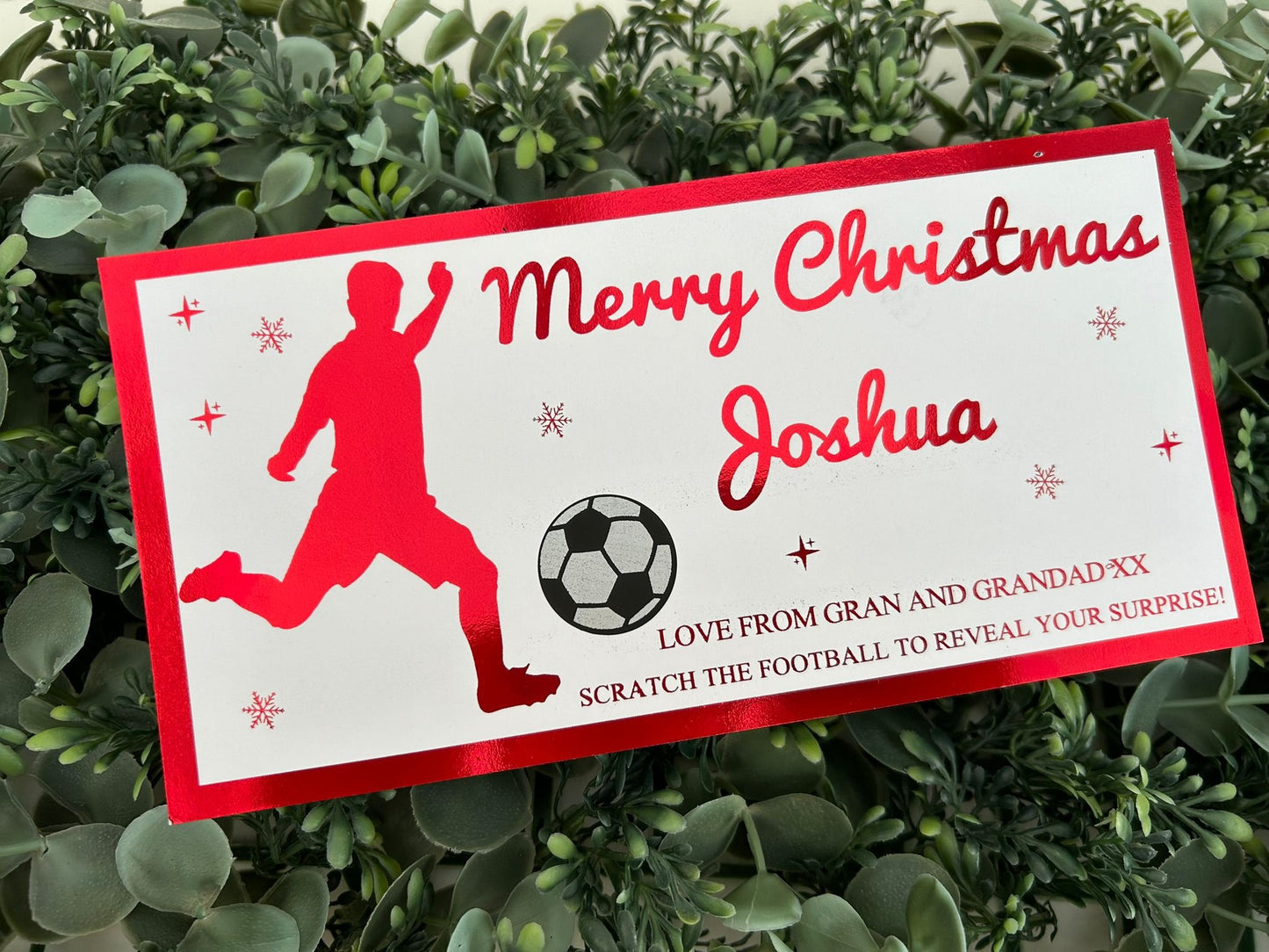 Personalised Foil Christmas Card, Football Surprise Reveal Scratch Off Ticket, Custom Holiday Greeting with Scratch-to-Reveal Message
