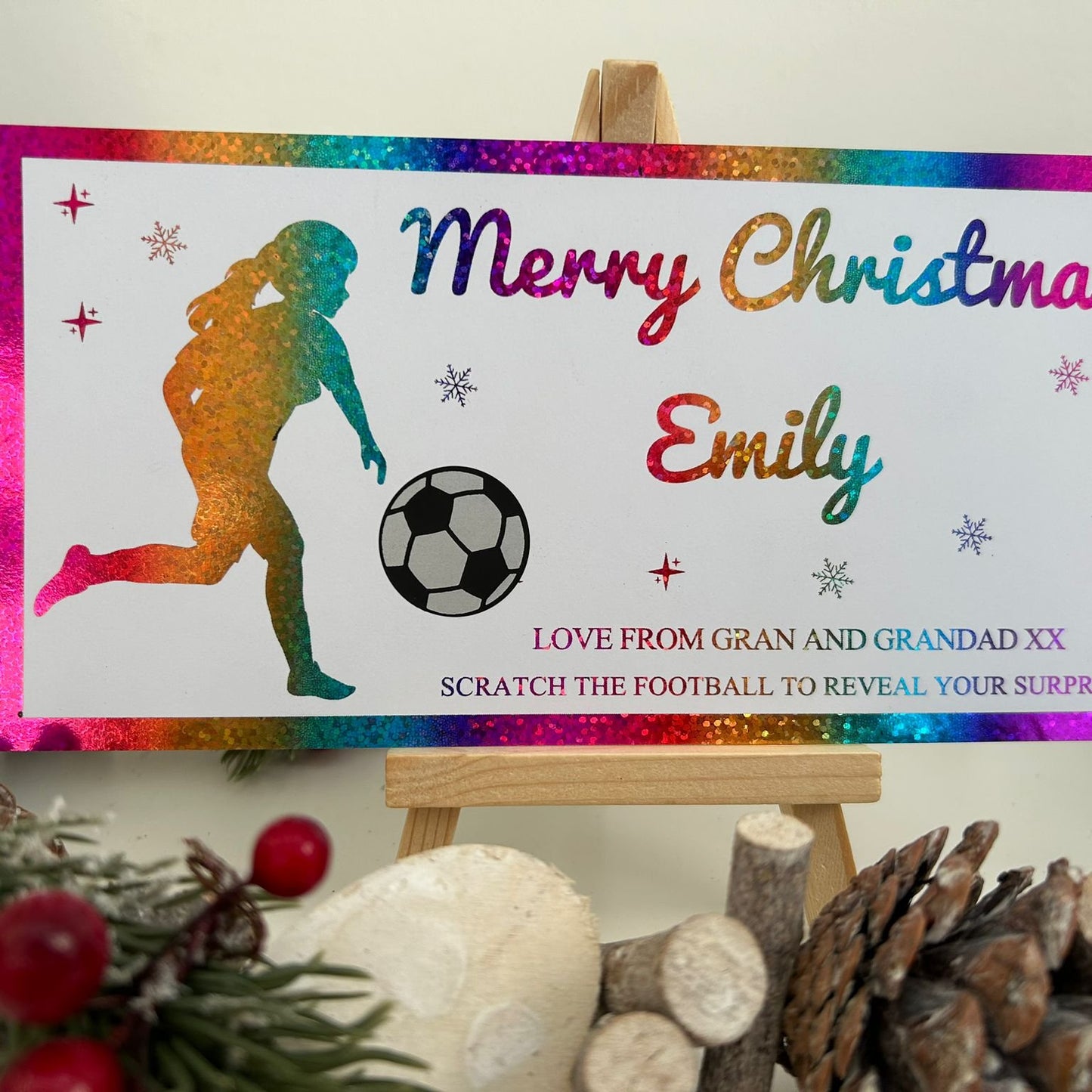 Personalised Foil Christmas Card, Football Surprise Reveal Scratch Off Ticket, Custom Holiday Greeting with Scratch-to-Reveal Message