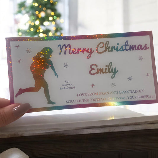 Personalised Foil Christmas Card, Football Surprise Reveal Scratch Off Ticket, Custom Holiday Greeting with Scratch-to-Reveal Message
