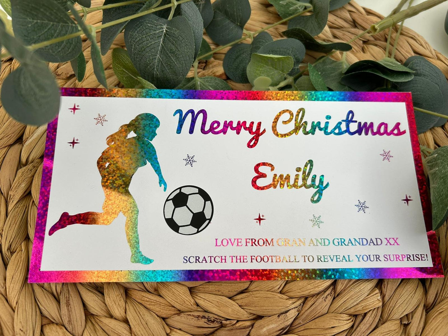 Personalised Foil Christmas Card, Football Surprise Reveal Scratch Off Ticket, Custom Holiday Greeting with Scratch-to-Reveal Message