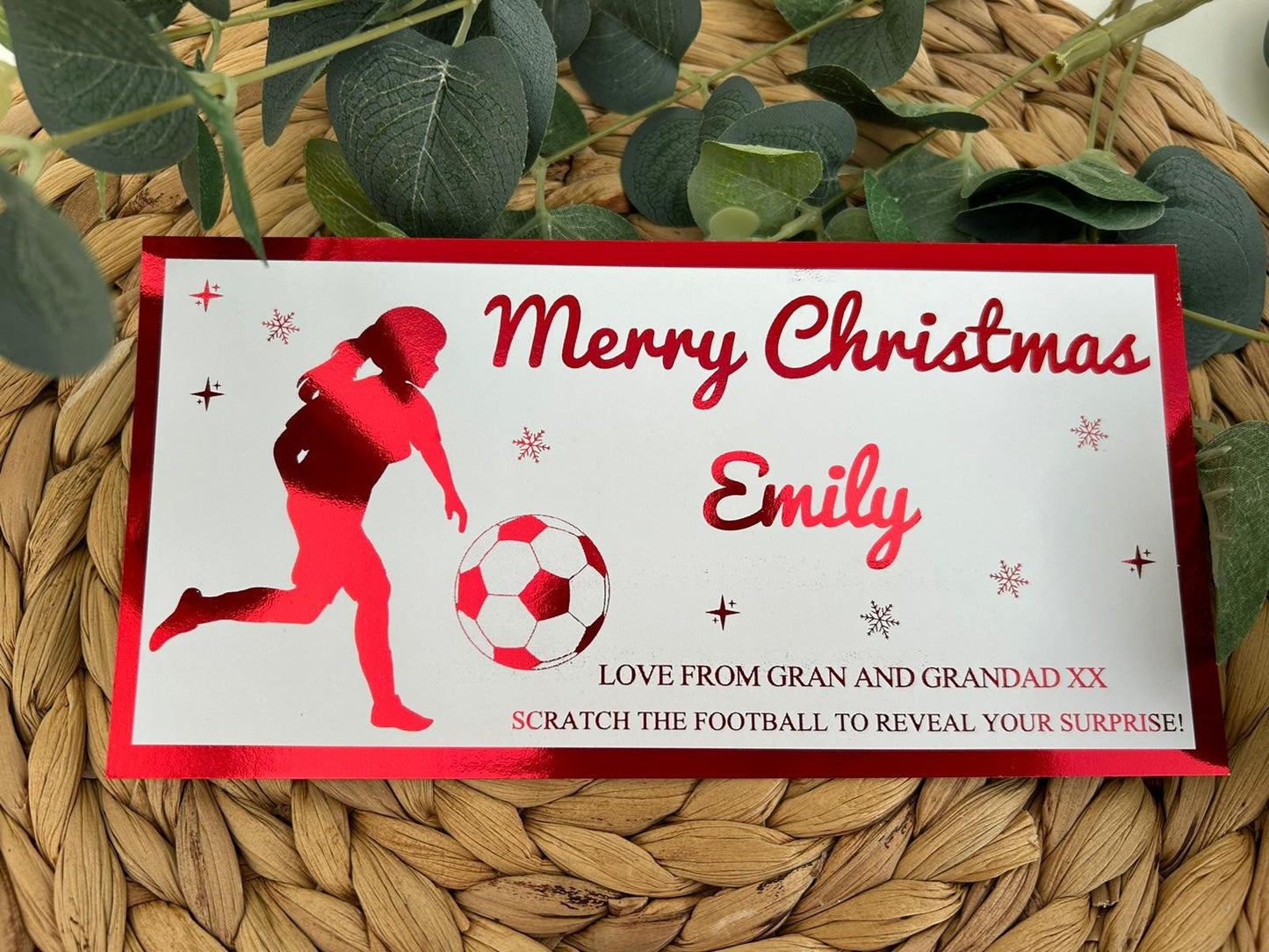 Personalised Foil Christmas Card, Football Surprise Reveal Scratch Off Ticket, Custom Holiday Greeting with Scratch-to-Reveal Message