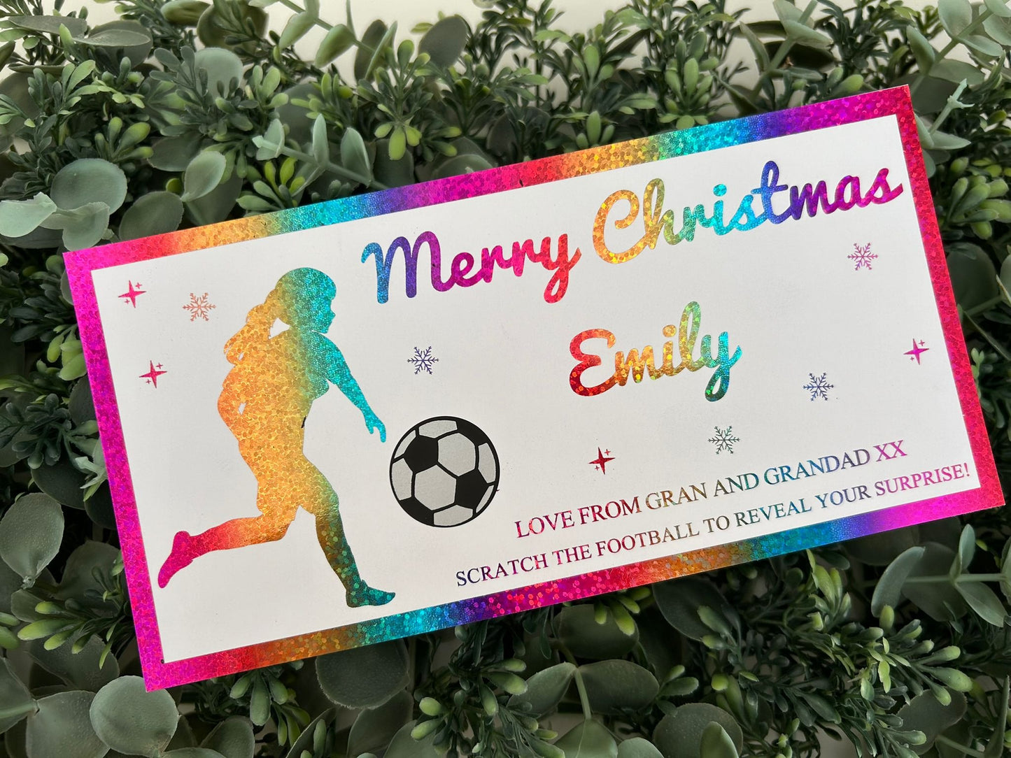 Personalised Foil Christmas Card, Football Surprise Reveal Scratch Off Ticket, Custom Holiday Greeting with Scratch-to-Reveal Message