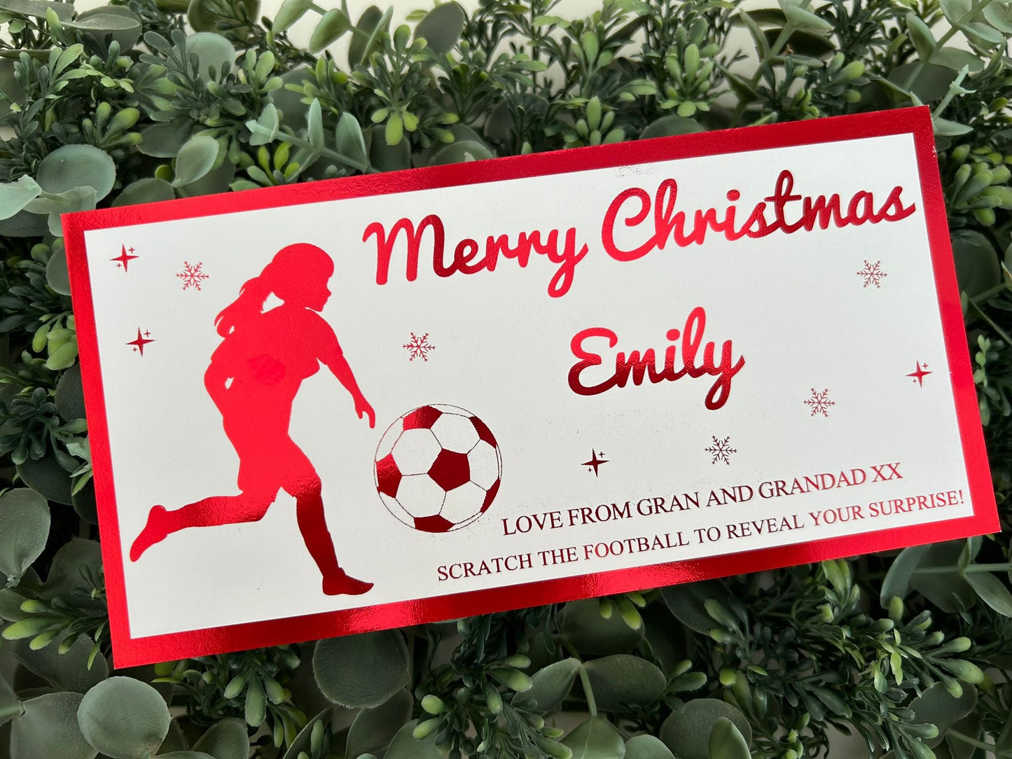 Personalised Foil Christmas Card, Football Surprise Reveal Scratch Off Ticket, Custom Holiday Greeting with Scratch-to-Reveal Message