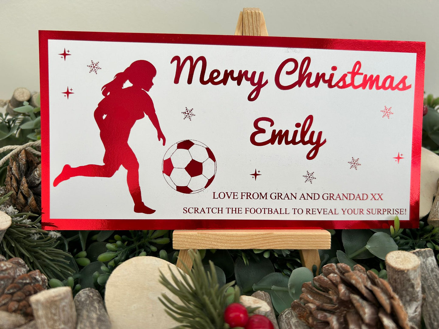Personalised Foil Christmas Card, Football Surprise Reveal Scratch Off Ticket, Custom Holiday Greeting with Scratch-to-Reveal Message