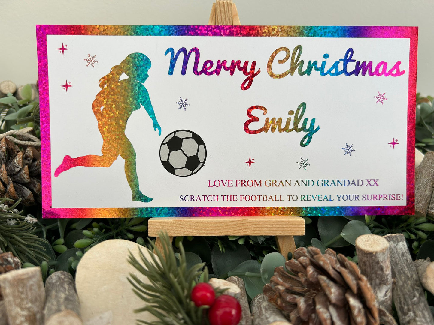 Personalised Foil Christmas Card, Football Surprise Reveal Scratch Off Ticket, Custom Holiday Greeting with Scratch-to-Reveal Message