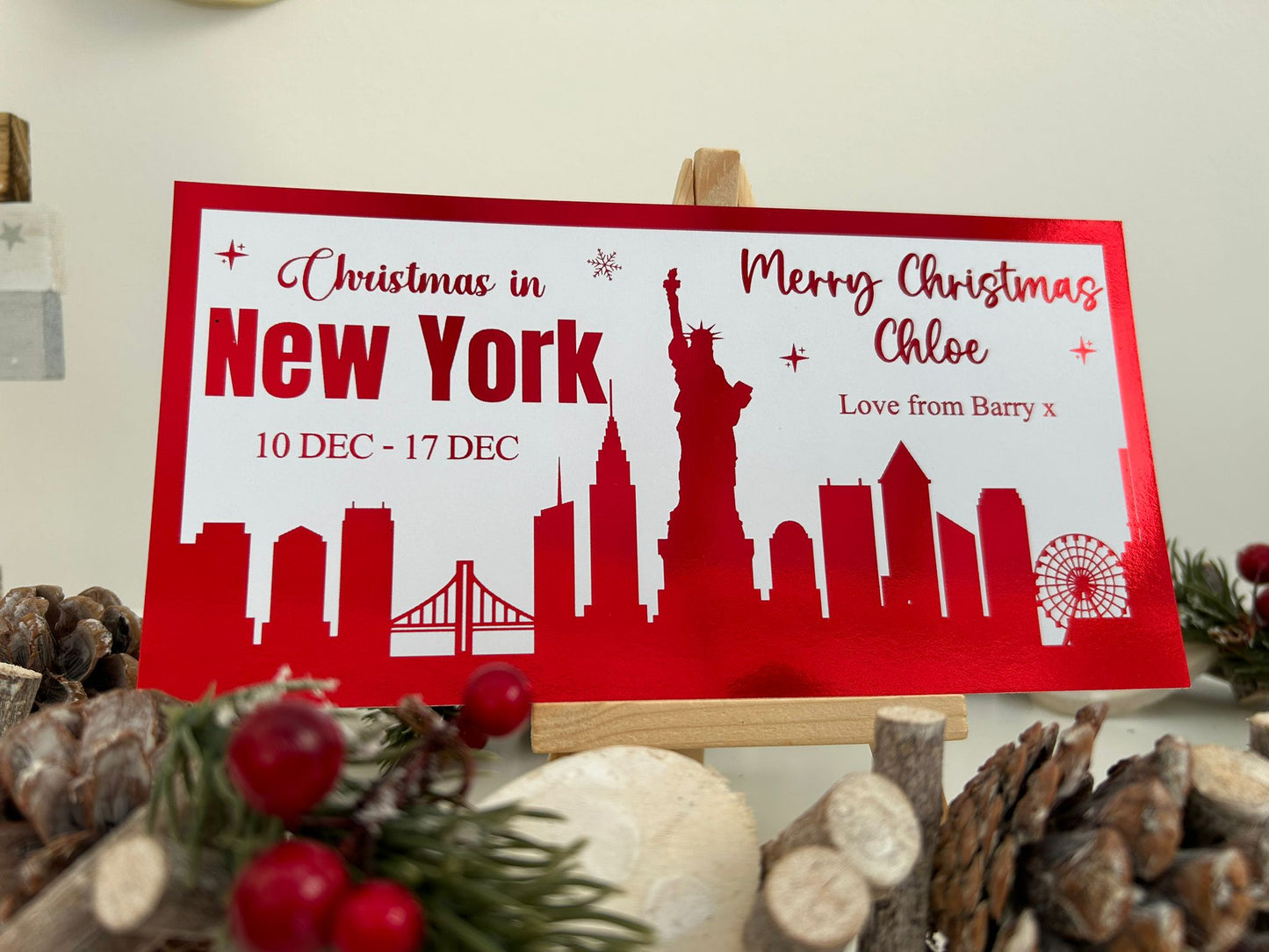 Personalised Christmas Foil Ticket Travel Voucher New York