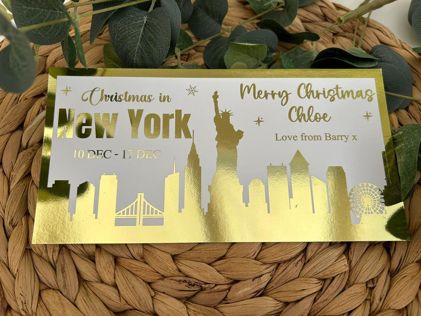 Personalised Christmas Foil Ticket Travel Voucher New York