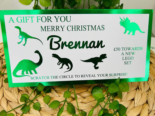 Personalised Foil Christmas Card, Surprise Reveal Scratch Off Ticket, Dinosaurs