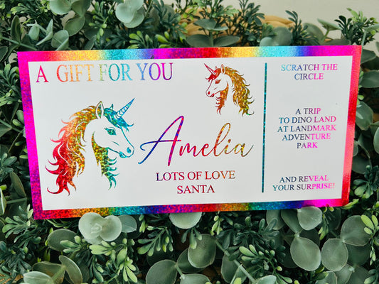 Personalised Foil Christmas Card, Surprise Reveal Scratch Off Ticket, Unicorn