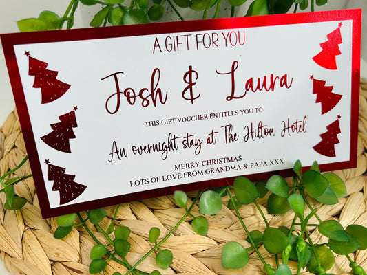 Personalised Foil Christmas Card, Surprise Foil Voucher Overnight Stay, Weekend Away
