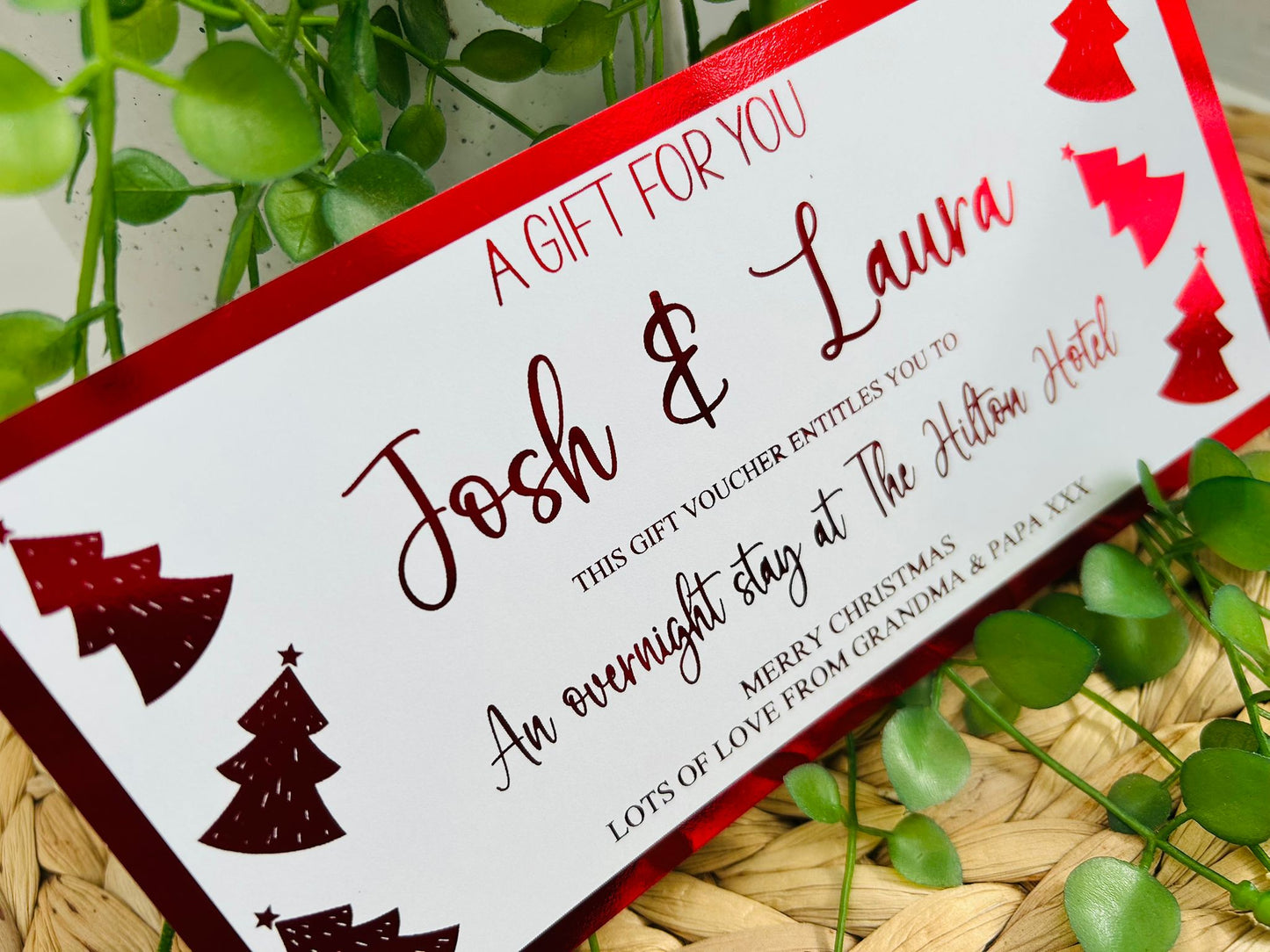 Personalised Foil Christmas Card, Surprise Foil Voucher Overnight Stay, Weekend Away