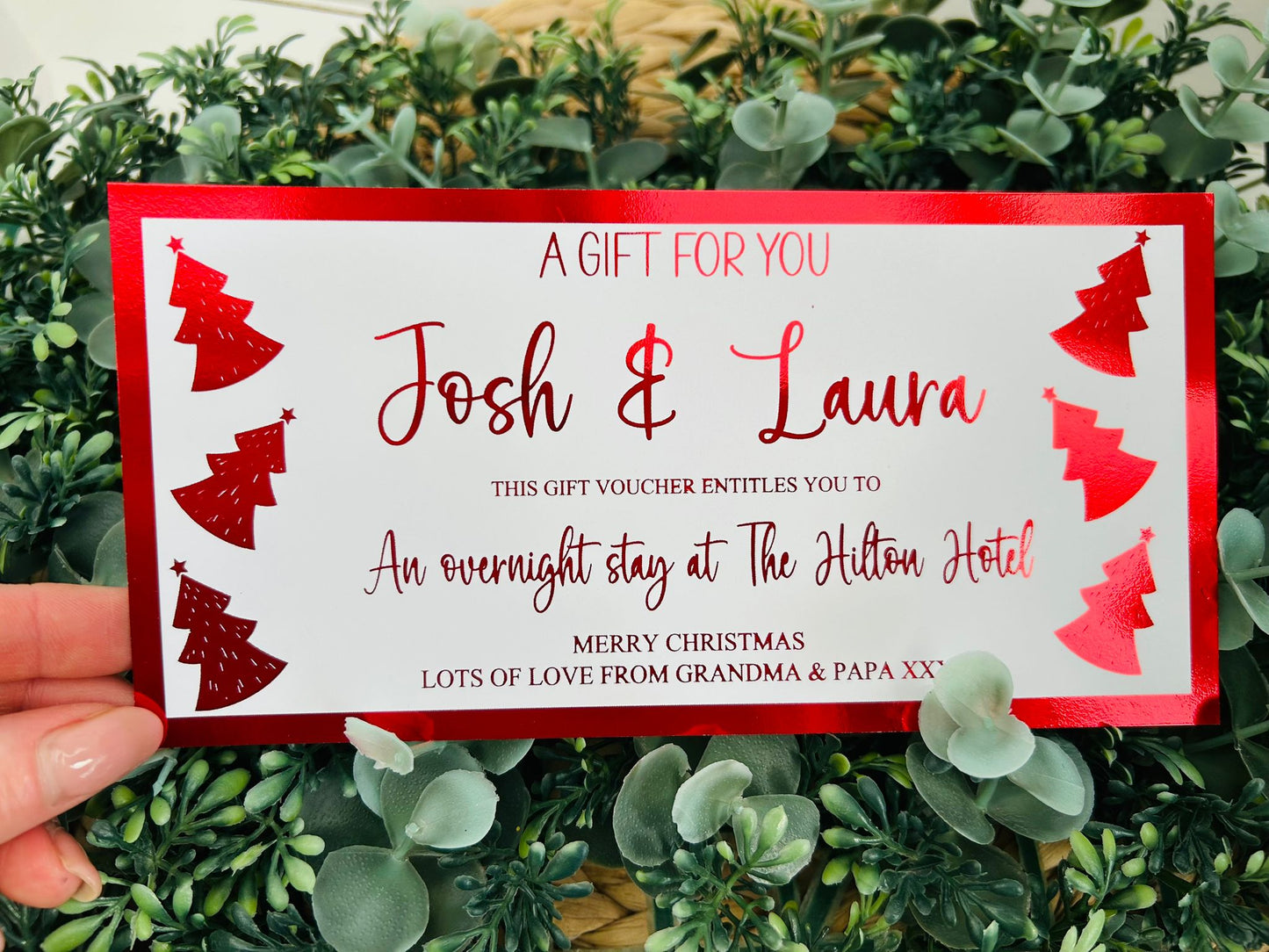 Personalised Foil Christmas Card, Surprise Foil Voucher Overnight Stay, Weekend Away