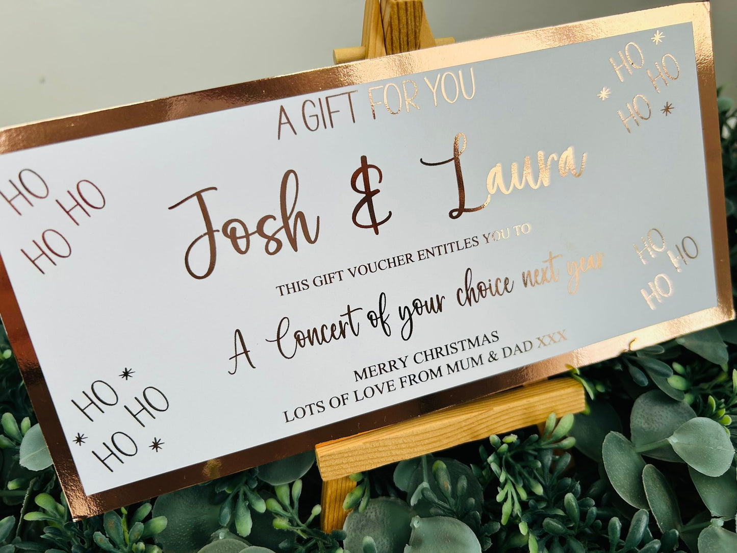 Personalised Foil Christmas Card, Surprise Foil Voucher Concert, Meal for 2