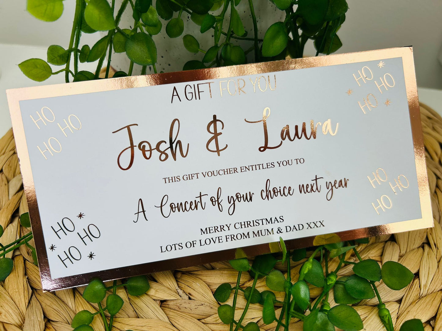 Personalised Foil Christmas Card, Surprise Foil Voucher Concert, Meal for 2