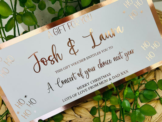 Personalised Foil Christmas Card, Surprise Foil Voucher Concert, Meal for 2