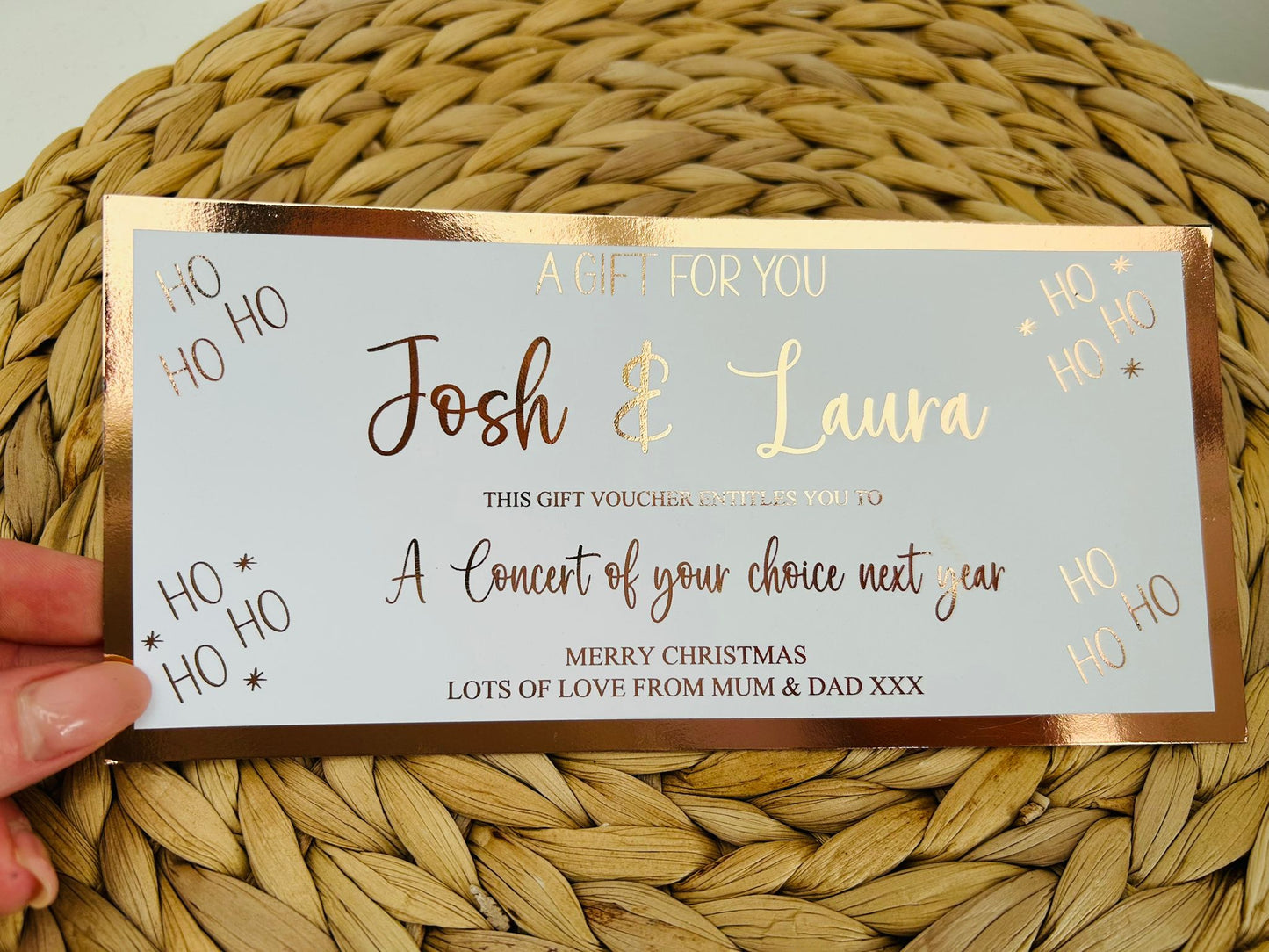 Personalised Foil Christmas Card, Surprise Foil Voucher Concert, Meal for 2