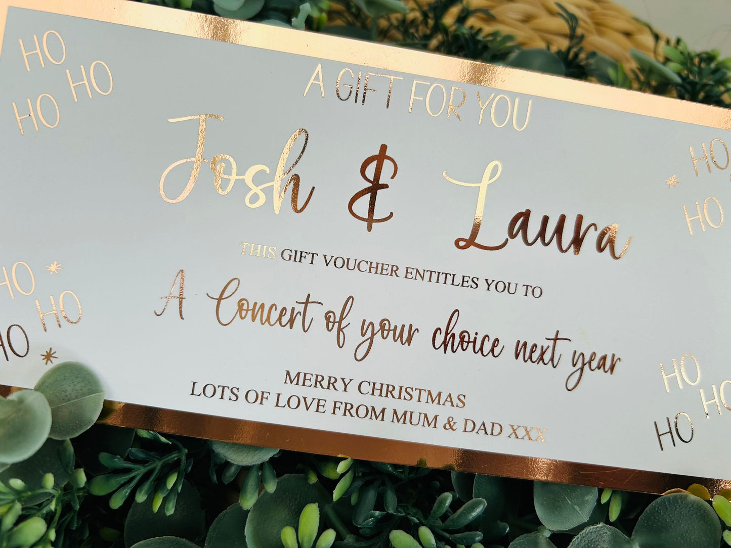Personalised Foil Christmas Card, Surprise Foil Voucher Concert, Meal for 2