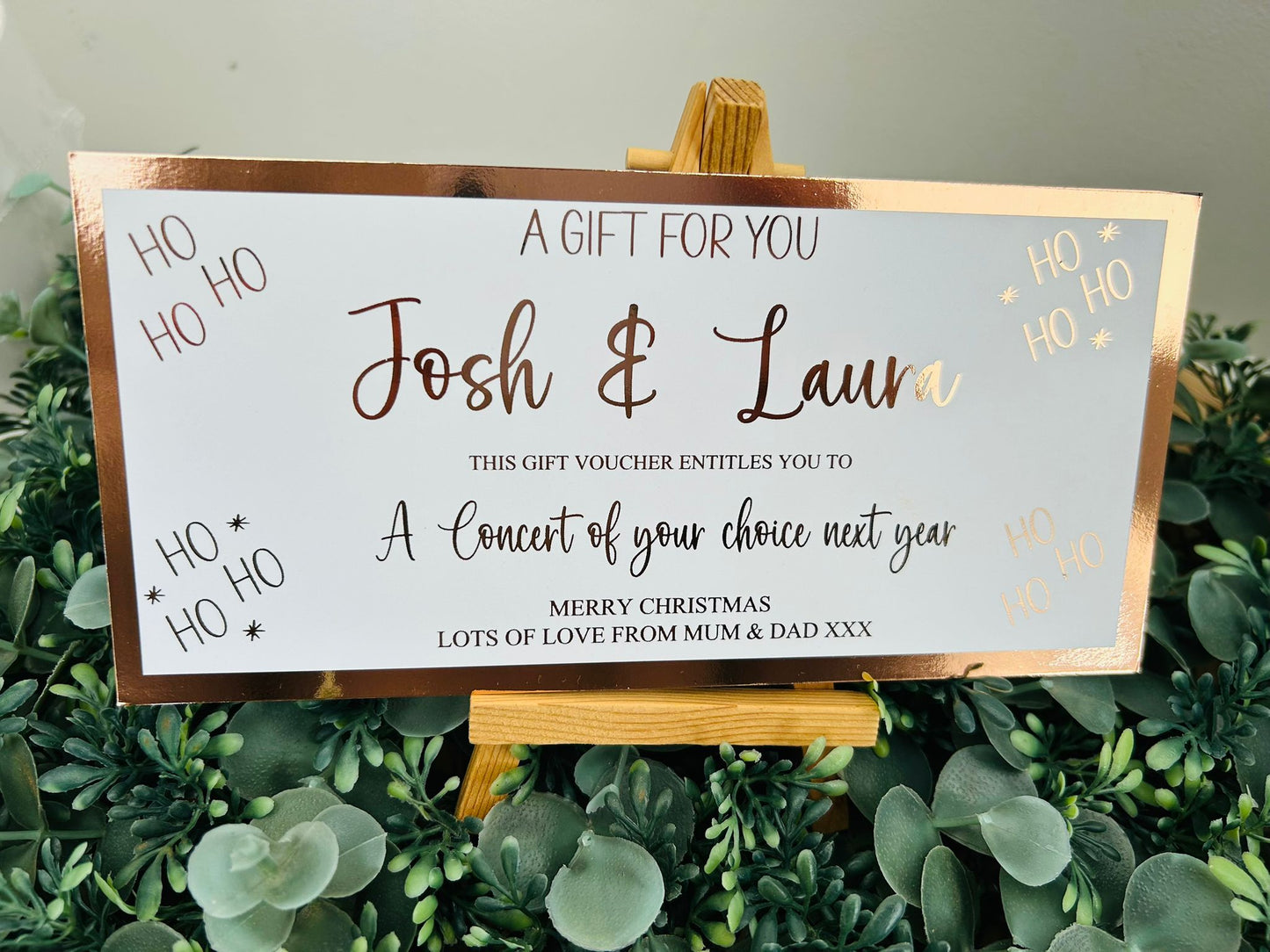 Personalised Foil Christmas Card, Surprise Foil Voucher Concert, Meal for 2